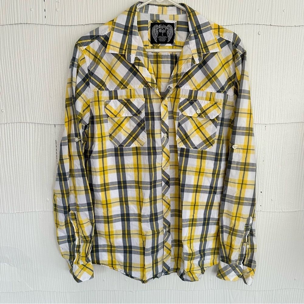 Eighty Eight Men’s Large Cotton Long Sleeve Yellow Plaid Button Down Shirt